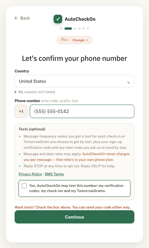 Phone number step, texting box unchecked, Continue enabled
