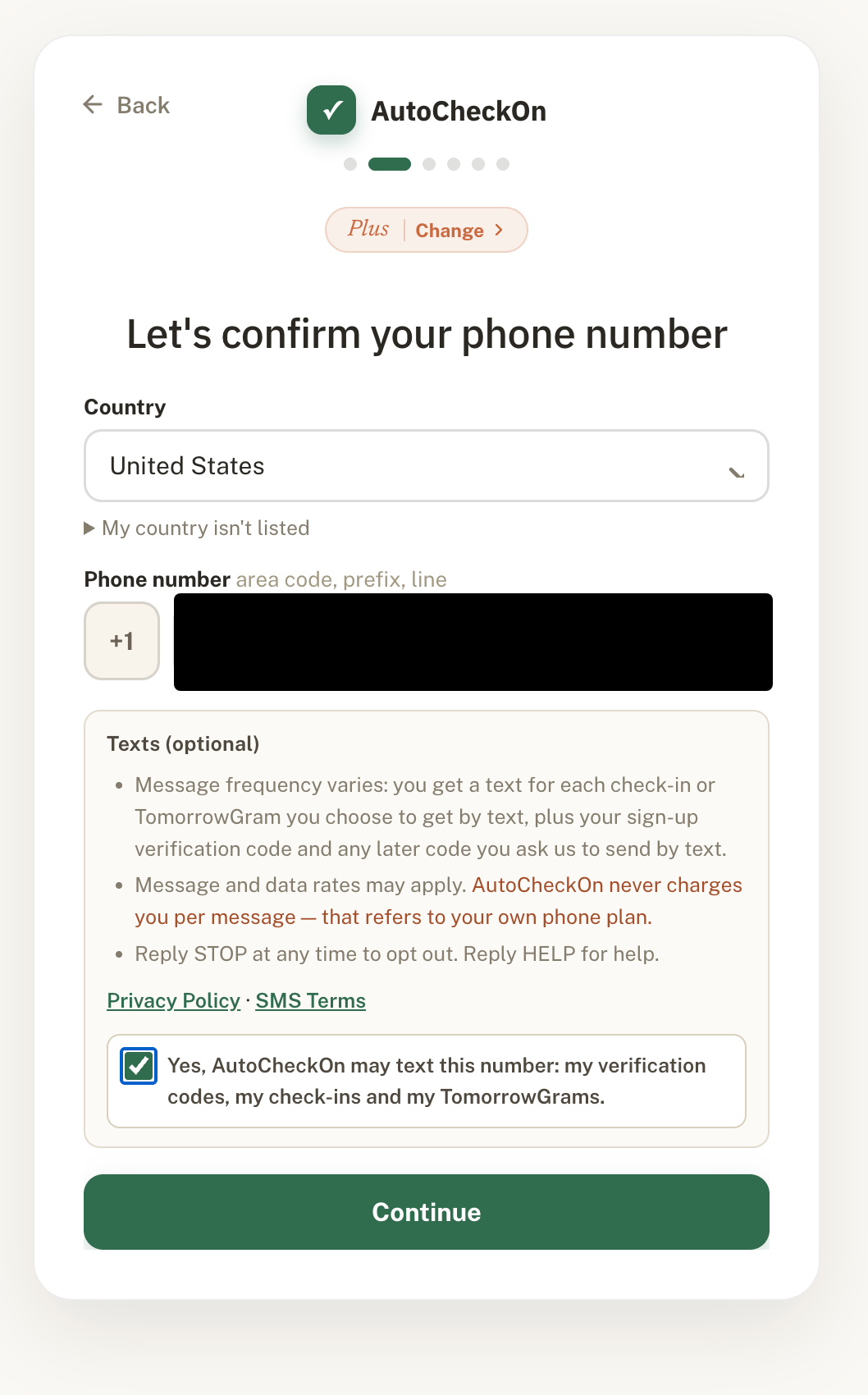 Phone number step, texting box checked