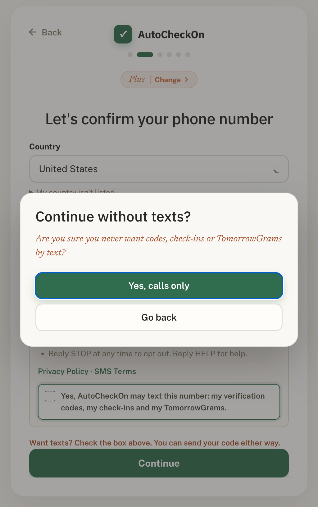 Continue without texts? window