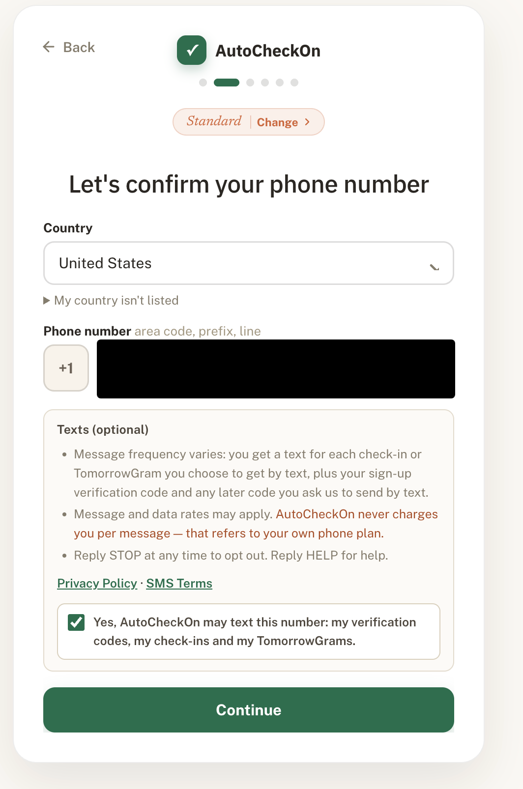 Standard plan, phone step, box checked
